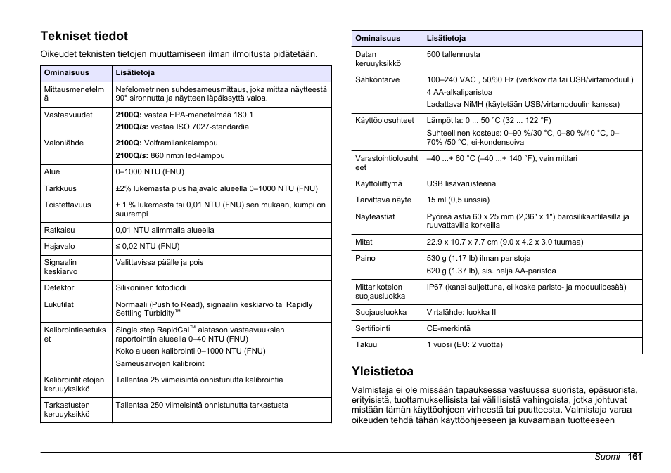 Peruskäyttöohje, Tekniset tiedot, Yleistietoa | Suomi | Hach-Lange 2100Q and 2100Qis Basic User Manual User Manual | Page 161 / 294