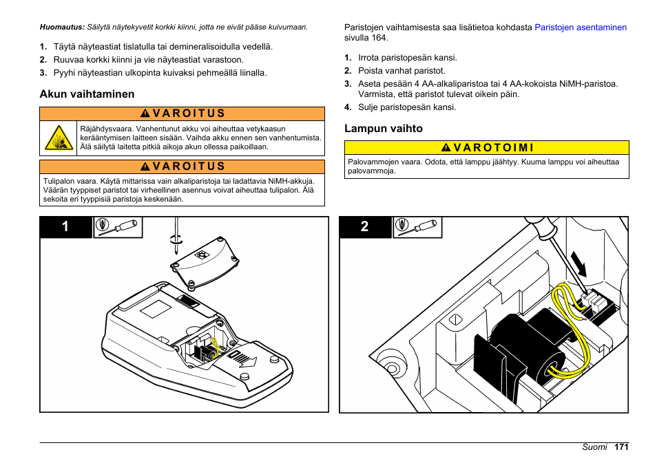 Akun vaihtaminen, Lampun vaihto | Hach-Lange 2100Q and 2100Qis Basic User Manual User Manual | Page 171 / 294