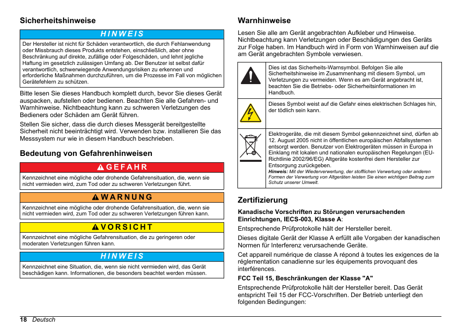 Sicherheitshinweise, Bedeutung von gefahrenhinweisen, Warnhinweise | Zertifizierung | Hach-Lange 2100Q and 2100Qis Basic User Manual User Manual | Page 18 / 294