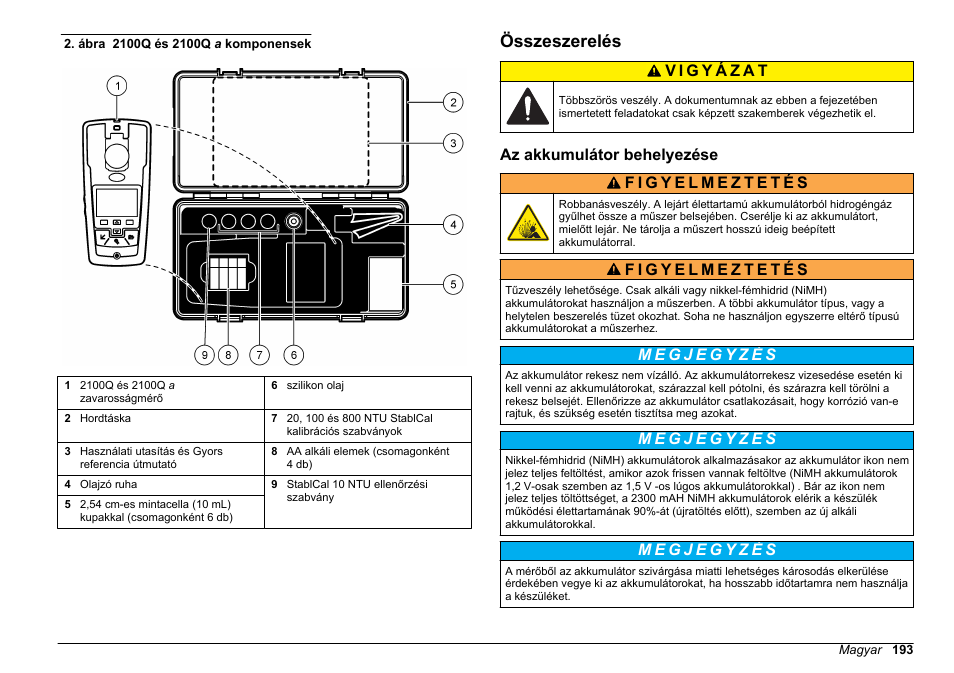 Összeszerelés, Az akkumulátor behelyezése | Hach-Lange 2100Q and 2100Qis Basic User Manual User Manual | Page 193 / 294