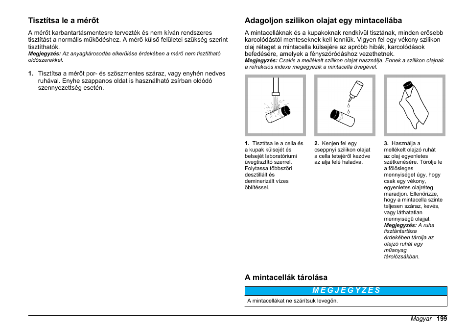Tisztítsa le a mérőt, Adagoljon szilikon olajat egy mintacellába, A mintacellák tárolása | Hach-Lange 2100Q and 2100Qis Basic User Manual User Manual | Page 199 / 294