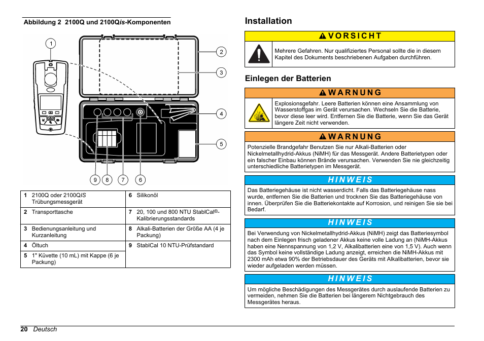 Installation, Einlegen der batterien | Hach-Lange 2100Q and 2100Qis Basic User Manual User Manual | Page 20 / 294