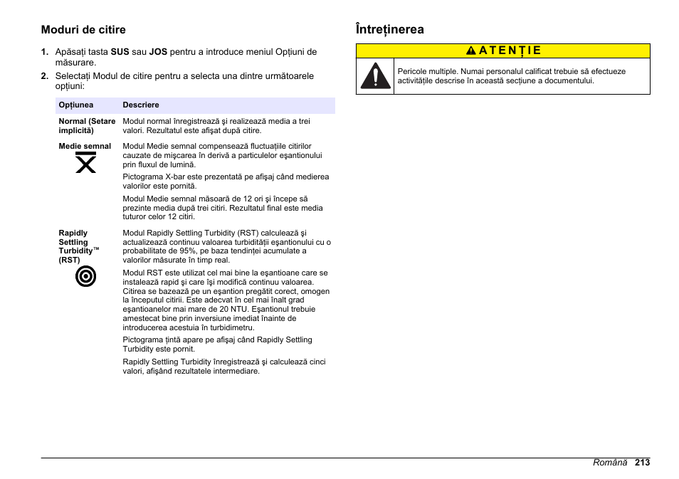 Moduri de citire, Întreţinerea | Hach-Lange 2100Q and 2100Qis Basic User Manual User Manual | Page 213 / 294
