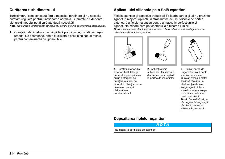 Curăţarea turbidimetrului, Aplicaţi ulei siliconic pe o fiolă eşantion, Depozitarea fiolelor eşantion | Hach-Lange 2100Q and 2100Qis Basic User Manual User Manual | Page 214 / 294
