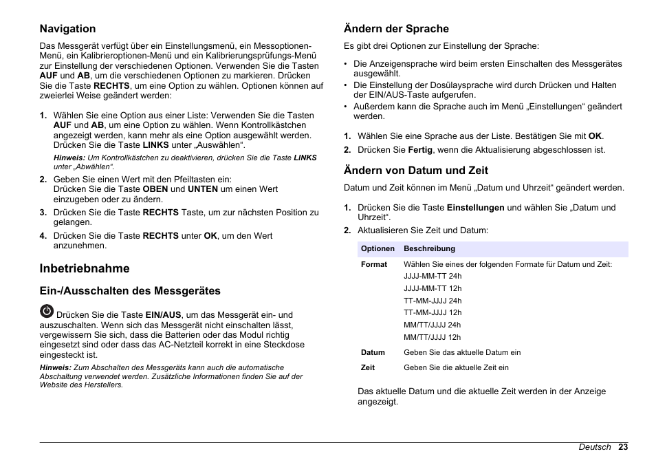 Navigation, Inbetriebnahme, Ein-/‍ausschalten des messgerätes | Ändern der sprache, Ändern von datum und zeit, Ein-/ausschalten des messgerätes | Hach-Lange 2100Q and 2100Qis Basic User Manual User Manual | Page 23 / 294