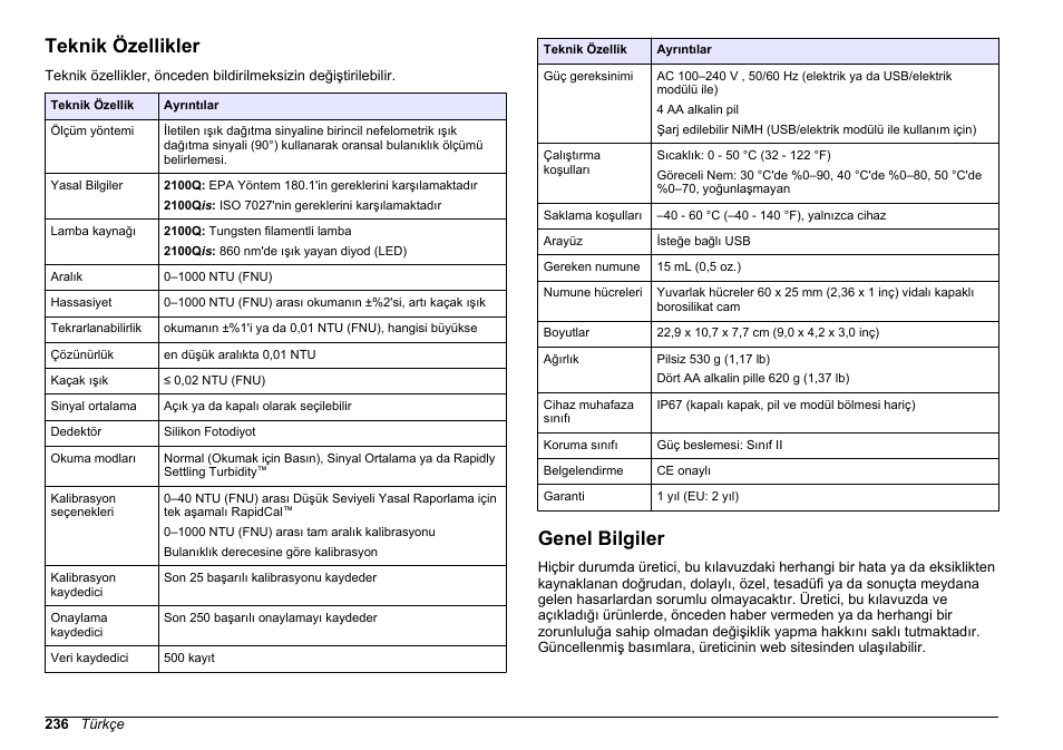 Temel kullanım kılavuzu, Teknik özellikler, Genel bilgiler | Türkçe | Hach-Lange 2100Q and 2100Qis Basic User Manual User Manual | Page 236 / 294