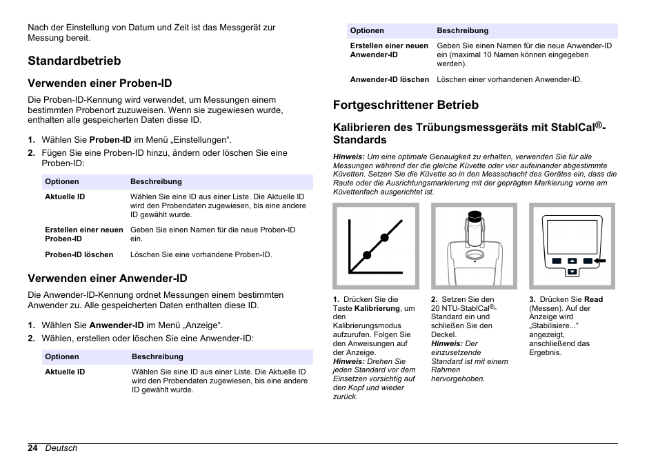 Standardbetrieb, Verwenden einer proben-id, Verwenden einer anwender-id | Fortgeschrittener betrieb, Kalibrieren des trübungsmessgeräts mit stablcal, Standards | Hach-Lange 2100Q and 2100Qis Basic User Manual User Manual | Page 24 / 294