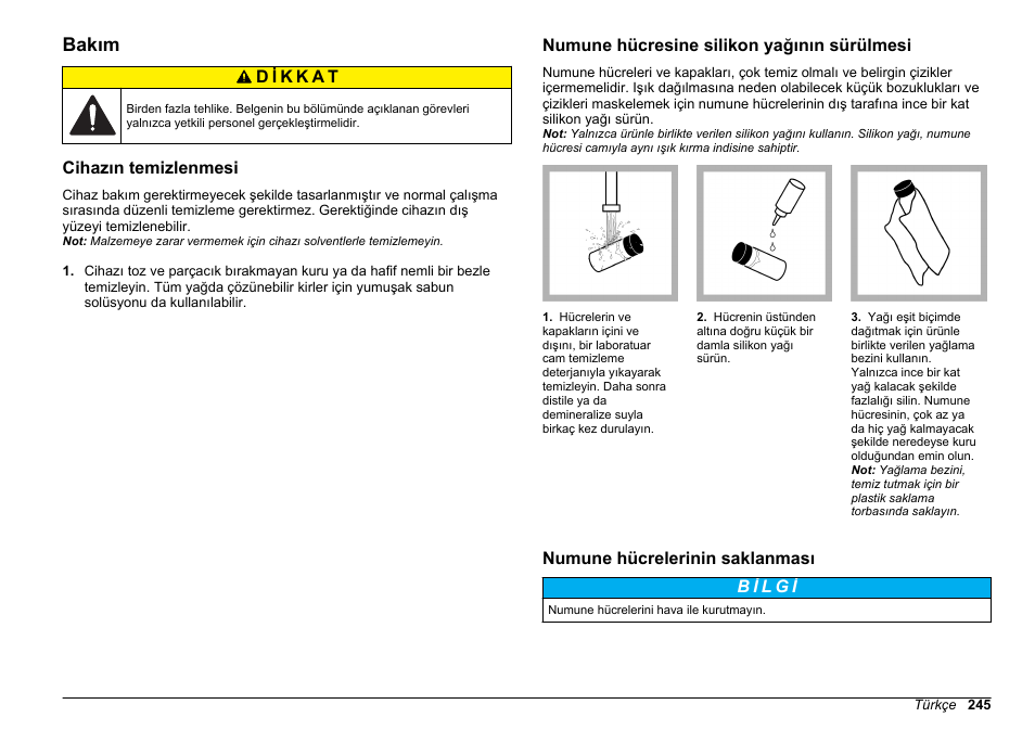 Bakım, Cihazın temizlenmesi, Numune hücresine silikon yağının sürülmesi | Numune hücrelerinin saklanması | Hach-Lange 2100Q and 2100Qis Basic User Manual User Manual | Page 245 / 294