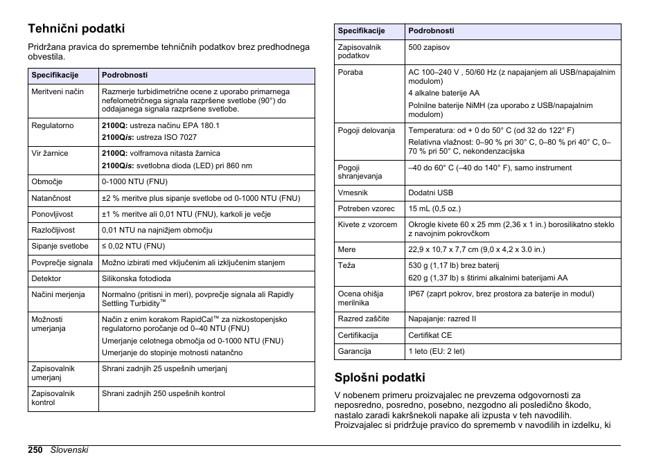 Osnovni uporabniški priročnik, Tehnični podatki, Splošni podatki | Slovenski | Hach-Lange 2100Q and 2100Qis Basic User Manual User Manual | Page 250 / 294