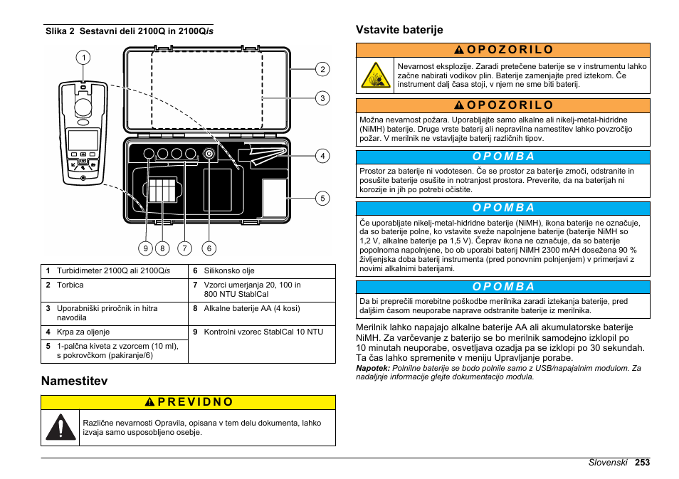 Namestitev, Vstavite baterije | Hach-Lange 2100Q and 2100Qis Basic User Manual User Manual | Page 253 / 294