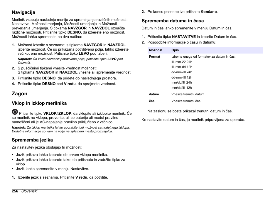 Navigacija, Zagon, Vklop in izklop merilnika | Sprememba jezika, Sprememba datuma in časa | Hach-Lange 2100Q and 2100Qis Basic User Manual User Manual | Page 256 / 294