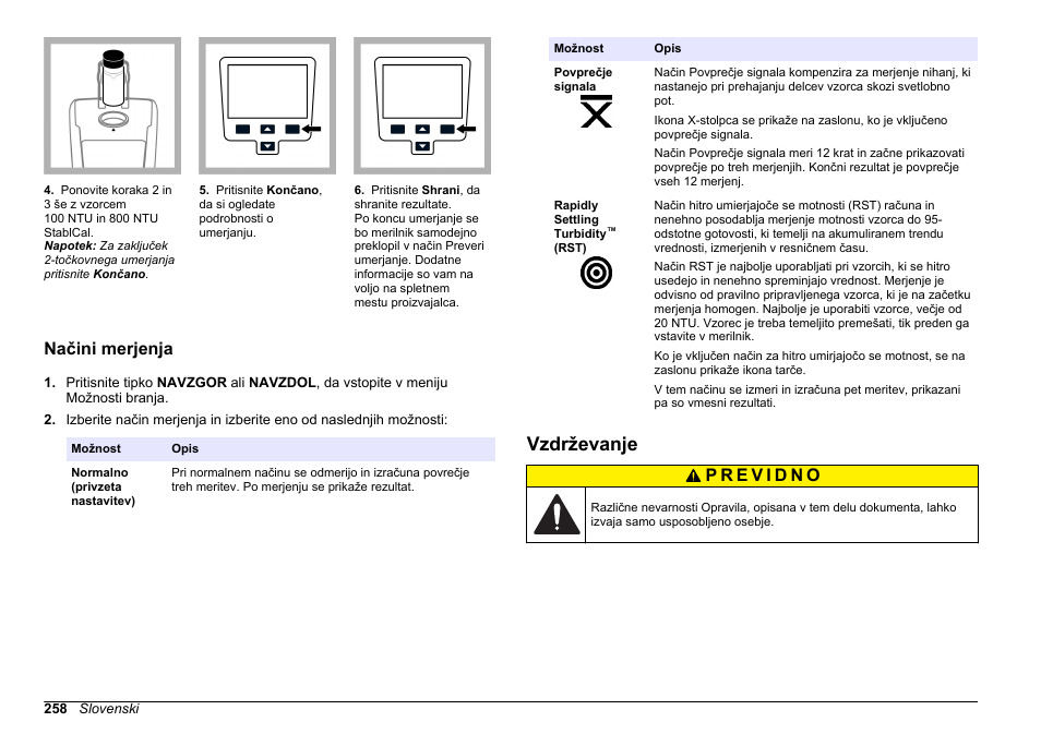 Načini merjenja, Vzdrževanje | Hach-Lange 2100Q and 2100Qis Basic User Manual User Manual | Page 258 / 294