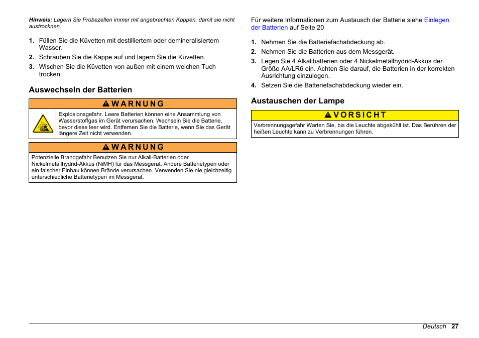 Auswechseln der batterien, Austauschen der lampe | Hach-Lange 2100Q and 2100Qis Basic User Manual User Manual | Page 27 / 294