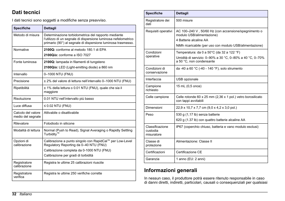 Manuale di base per l'utente, Dati tecnici, Informazioni generali | Italiano | Hach-Lange 2100Q and 2100Qis Basic User Manual User Manual | Page 32 / 294