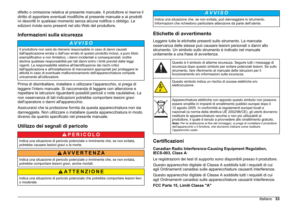 Informazioni sulla sicurezza, Utilizzo dei segnali di pericolo, Etichette di avvertimento | Certificazioni | Hach-Lange 2100Q and 2100Qis Basic User Manual User Manual | Page 33 / 294