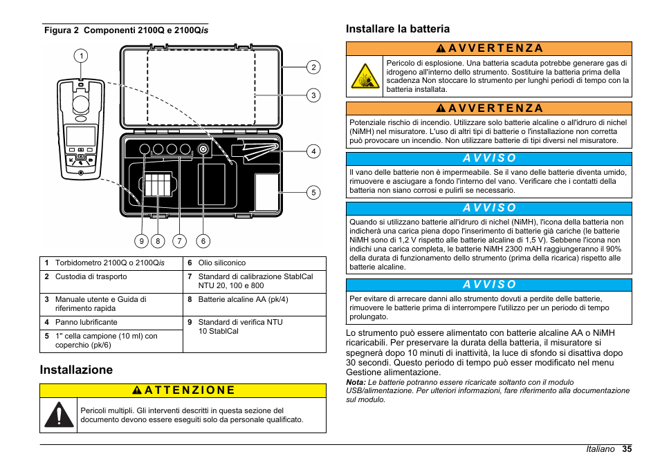 Installazione, Installare la batteria | Hach-Lange 2100Q and 2100Qis Basic User Manual User Manual | Page 35 / 294