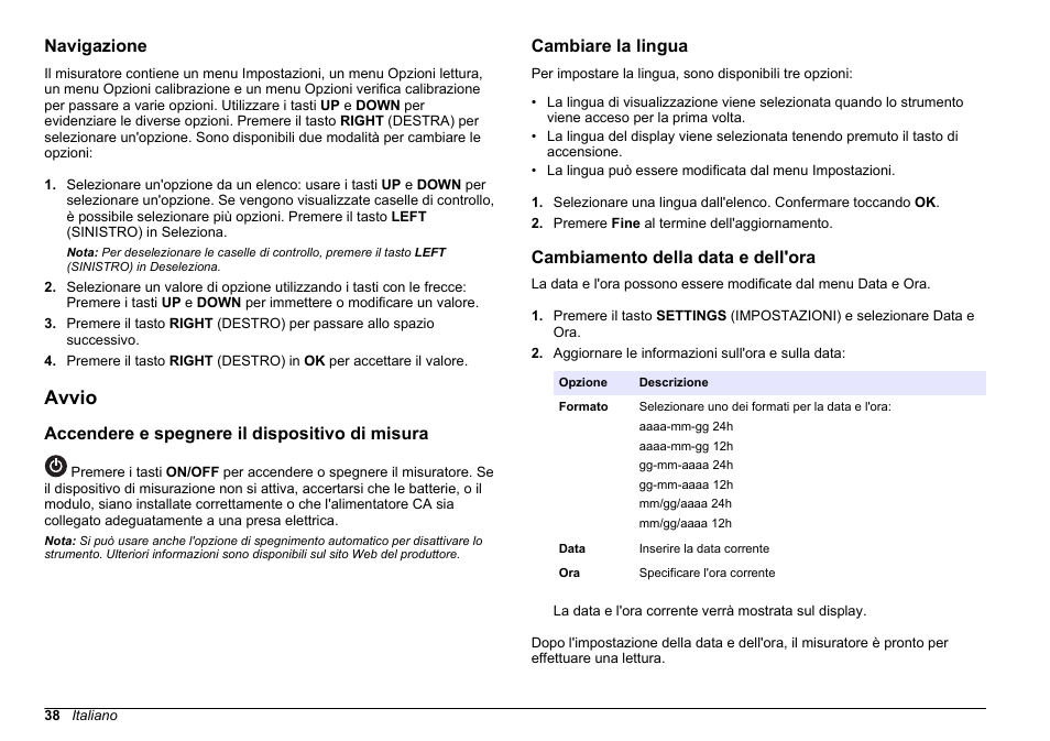 Navigazione, Avvio, Accendere e spegnere il dispositivo di misura | Cambiare la lingua, Cambiamento della data e dell'ora | Hach-Lange 2100Q and 2100Qis Basic User Manual User Manual | Page 38 / 294