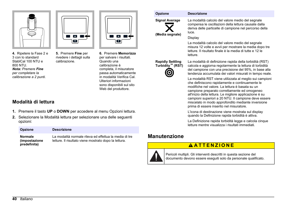 Modalità di lettura, Manutenzione | Hach-Lange 2100Q and 2100Qis Basic User Manual User Manual | Page 40 / 294