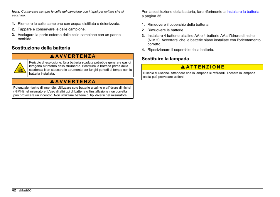 Sostituzione della batteria, Sostituire la lampada | Hach-Lange 2100Q and 2100Qis Basic User Manual User Manual | Page 42 / 294