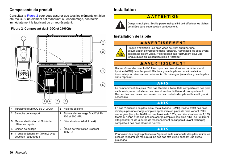 Composants du produit, Installation, Installation de la pile | A v i s | Hach-Lange 2100Q and 2100Qis Basic User Manual User Manual | Page 50 / 294