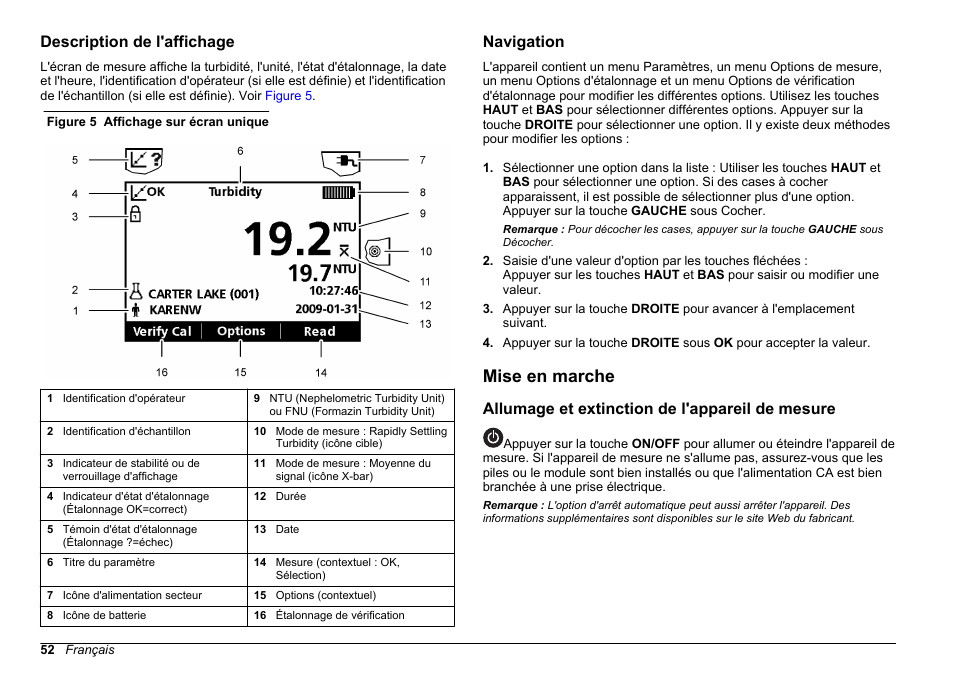 Description de l'affichage, Navigation, Mise en marche | Allumage et extinction de l'appareil de mesure | Hach-Lange 2100Q and 2100Qis Basic User Manual User Manual | Page 52 / 294