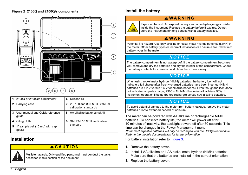 Installation, Install the battery | Hach-Lange 2100Q and 2100Qis Basic User Manual User Manual | Page 6 / 294