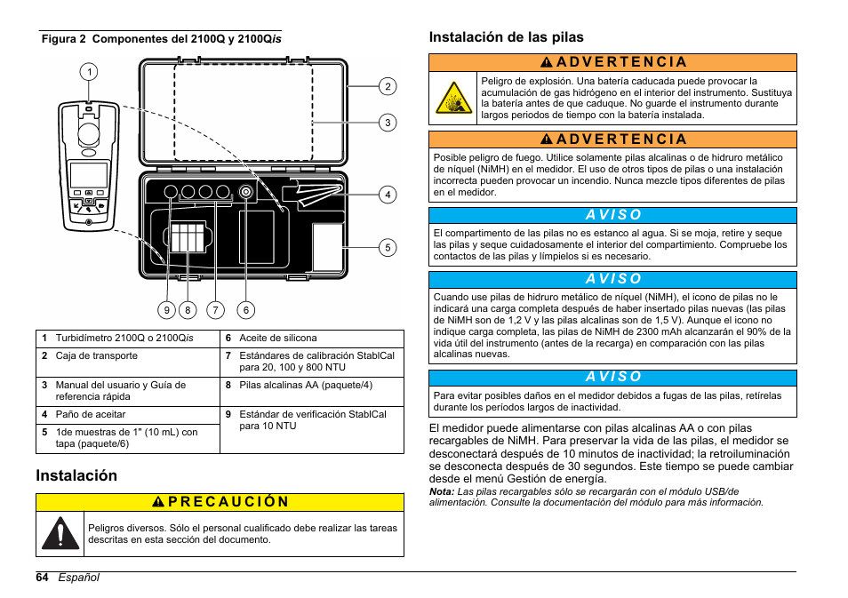 Instalación, Instalación de las pilas | Hach-Lange 2100Q and 2100Qis Basic User Manual User Manual | Page 64 / 294