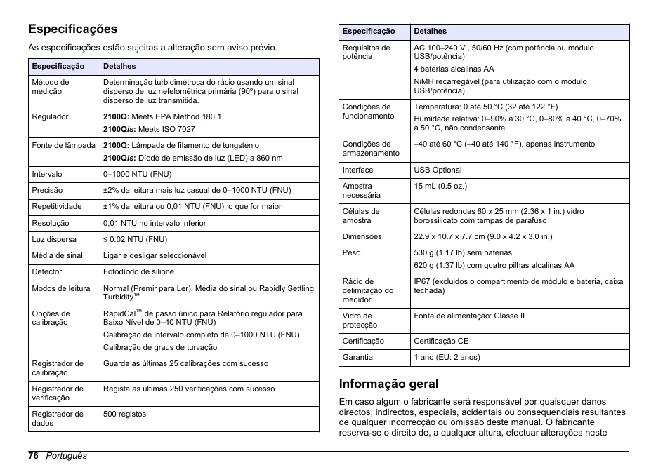 Manual de operações básicas, Especificações, Informação geral | Português | Hach-Lange 2100Q and 2100Qis Basic User Manual User Manual | Page 76 / 294