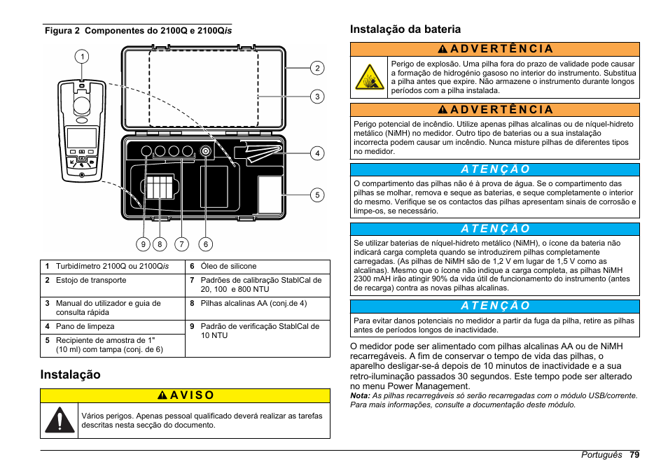 Instalação, Instalação da bateria | Hach-Lange 2100Q and 2100Qis Basic User Manual User Manual | Page 79 / 294