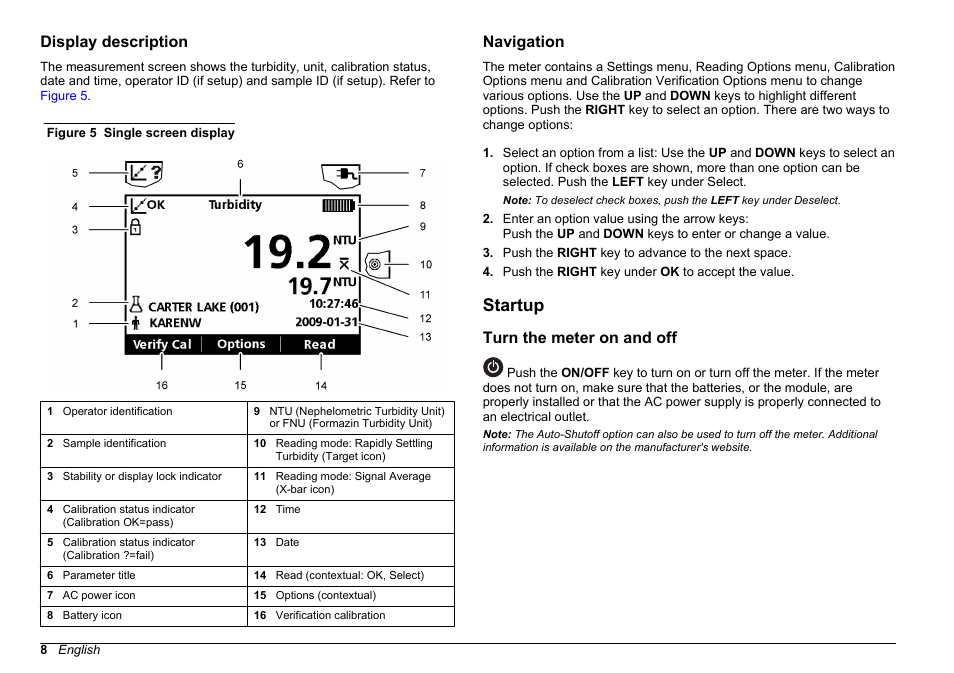 Display description, Navigation, Startup | Turn the meter on and off | Hach-Lange 2100Q and 2100Qis Basic User Manual User Manual | Page 8 / 294