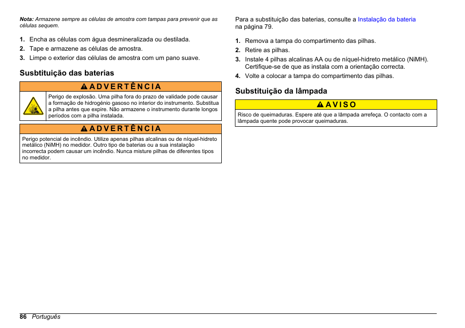 Susbtituição das baterias, Substituição da lâmpada | Hach-Lange 2100Q and 2100Qis Basic User Manual User Manual | Page 86 / 294