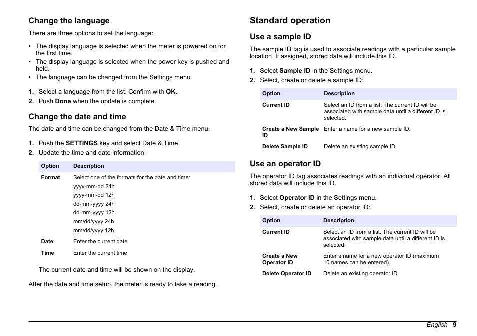 Change the language, Change the date and time, Standard operation | Use a sample id, Use an operator id | Hach-Lange 2100Q and 2100Qis Basic User Manual User Manual | Page 9 / 294