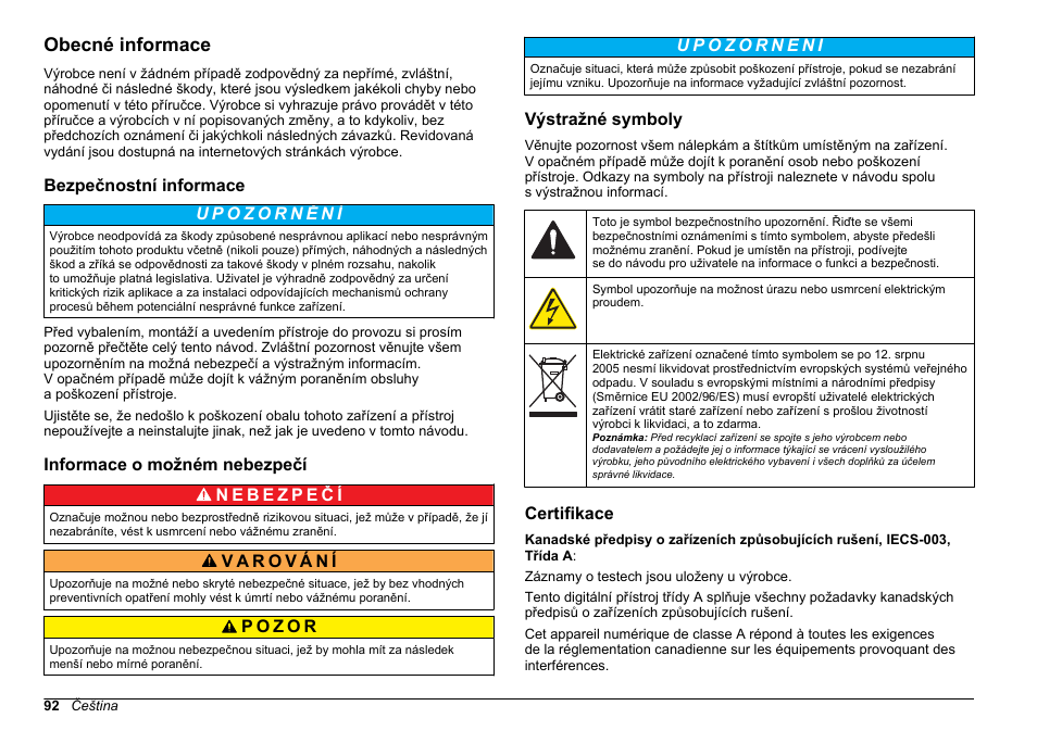 Obecné informace, Bezpečnostní informace, Informace o možném nebezpečí | Výstražné symboly, Certifikace | Hach-Lange 2100Q and 2100Qis Basic User Manual User Manual | Page 92 / 294