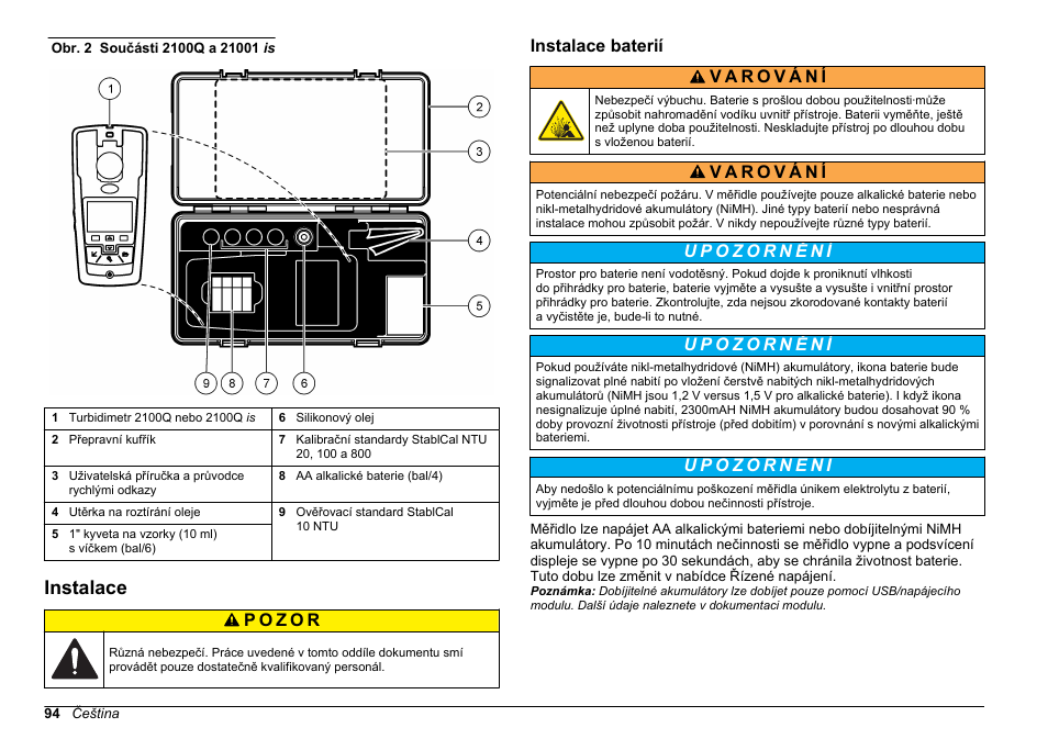 Instalace, Instalace baterií | Hach-Lange 2100Q and 2100Qis Basic User Manual User Manual | Page 94 / 294