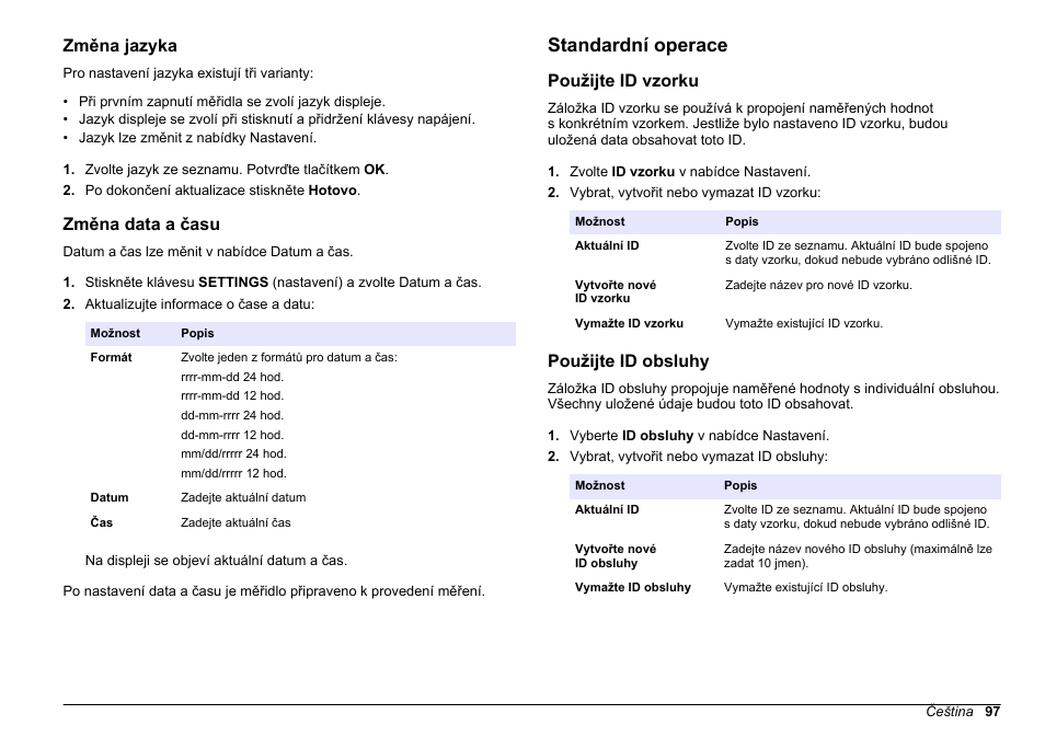 Změna jazyka, Změna data a času, Standardní operace | Použijte id vzorku, Použijte id obsluhy | Hach-Lange 2100Q and 2100Qis Basic User Manual User Manual | Page 97 / 294