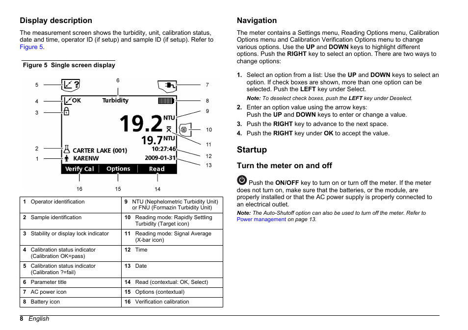 Display description, Navigation, Startup | Turn the meter on and off, Display description navigation | Hach-Lange 2100Q and 2100Qis User Manual User Manual | Page 10 / 30