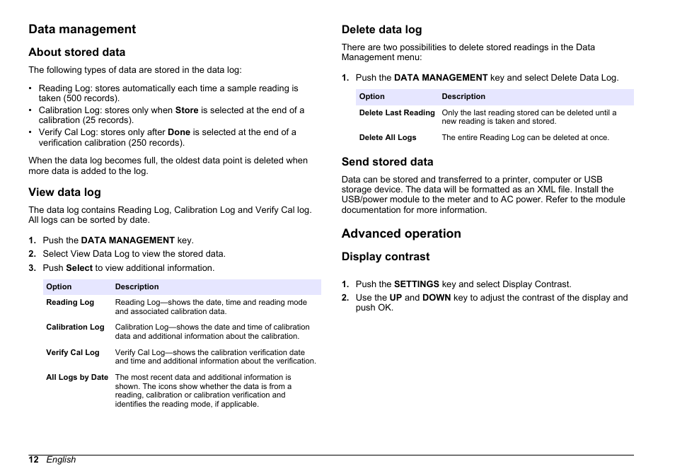 Data management, About stored data, View data log | Delete data log, Send stored data, Advanced operation, Display contrast, About stored data view data log delete data log | Hach-Lange 2100Q and 2100Qis User Manual User Manual | Page 14 / 30
