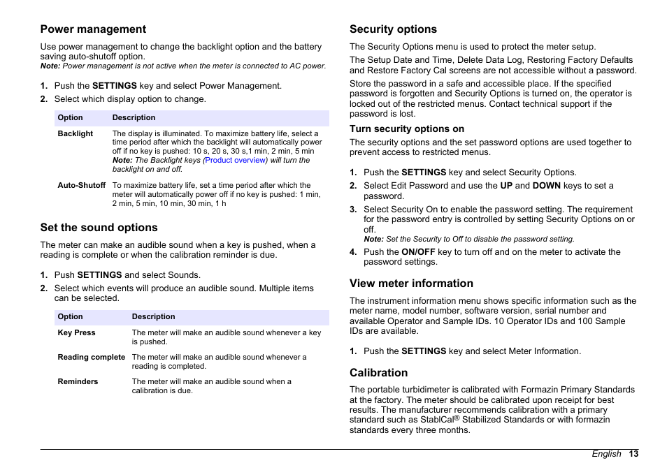 Power management, Set the sound options, Security options | Turn security options on, View meter information, Calibration, View meter information calibration | Hach-Lange 2100Q and 2100Qis User Manual User Manual | Page 15 / 30