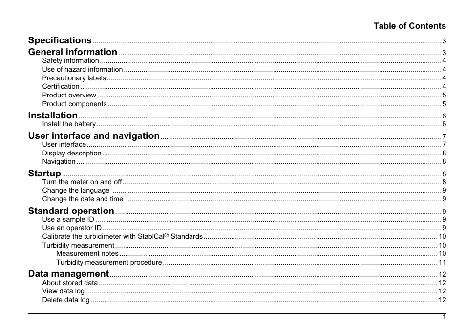Specifications, General information, Installation | User interface and navigation, Startup, Standard operation, Data management | Hach-Lange 2100Q and 2100Qis User Manual User Manual | Page 3 / 30