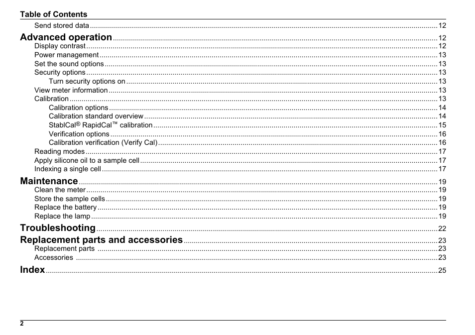 Advanced operation, Maintenance, Troubleshooting | Replacement parts and accessories, Index | Hach-Lange 2100Q and 2100Qis User Manual User Manual | Page 4 / 30