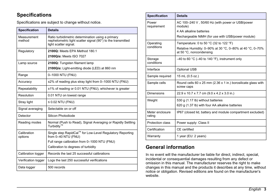 Specifications, General information | Hach-Lange 2100Q and 2100Qis User Manual User Manual | Page 5 / 30