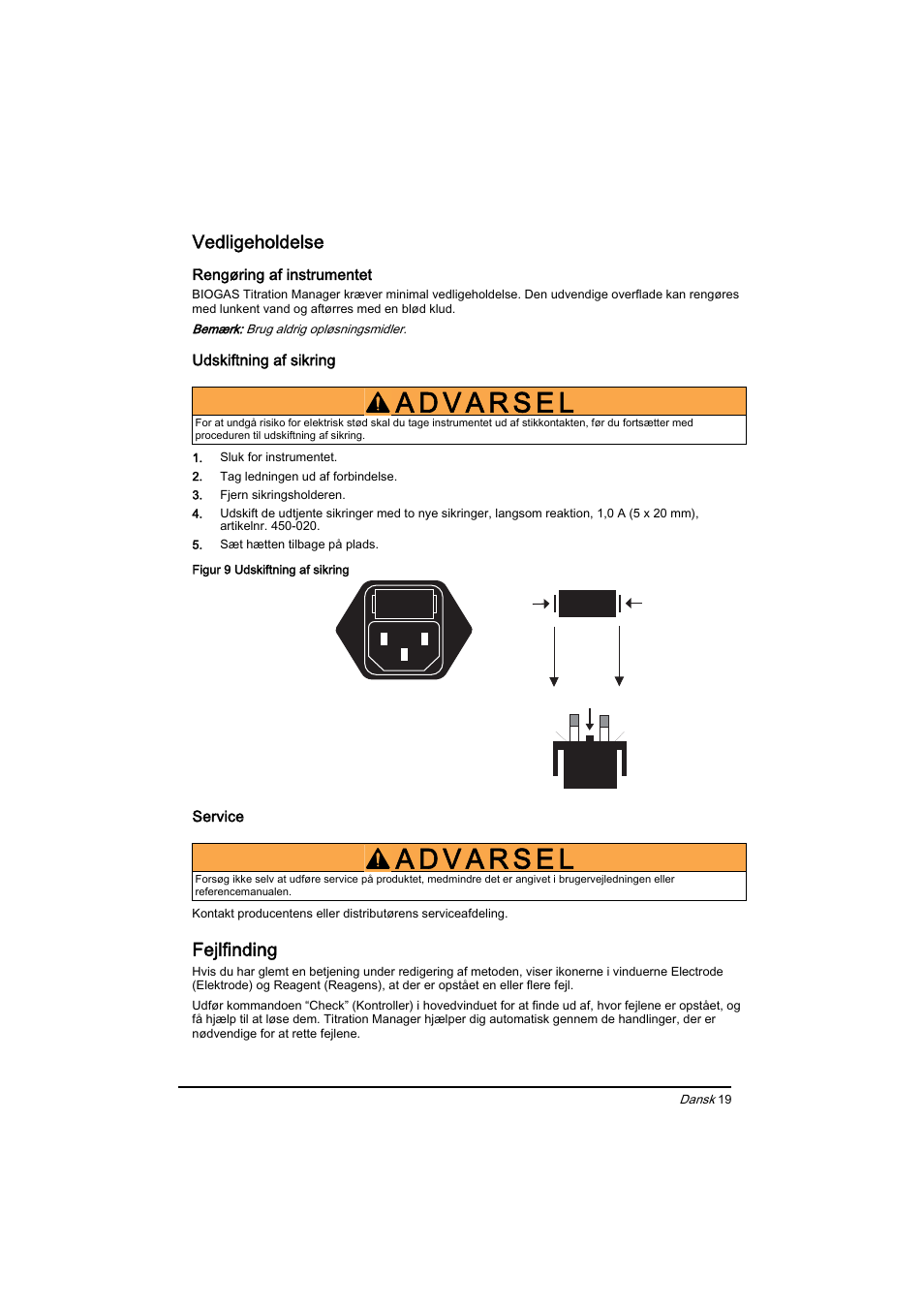 Vedligeholdelse, Fejlfinding | Hach-Lange BIOGAS Basic User Manual User Manual | Page 19 / 217