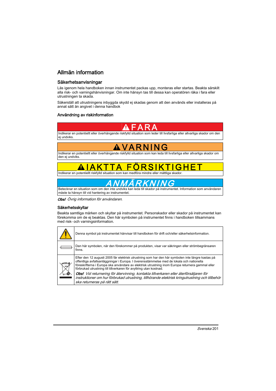 Allmän information, F a r a | Hach-Lange BIOGAS Basic User Manual User Manual | Page 201 / 217