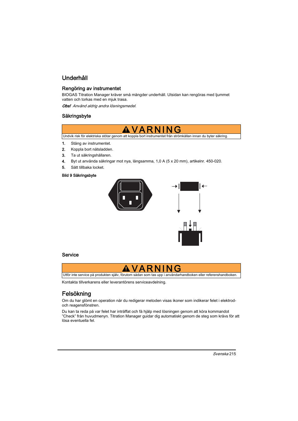 Underhåll, Felsökning | Hach-Lange BIOGAS Basic User Manual User Manual | Page 215 / 217