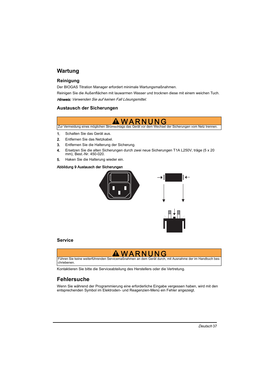 Wartung, Fehlersuche | Hach-Lange BIOGAS Basic User Manual User Manual | Page 37 / 217