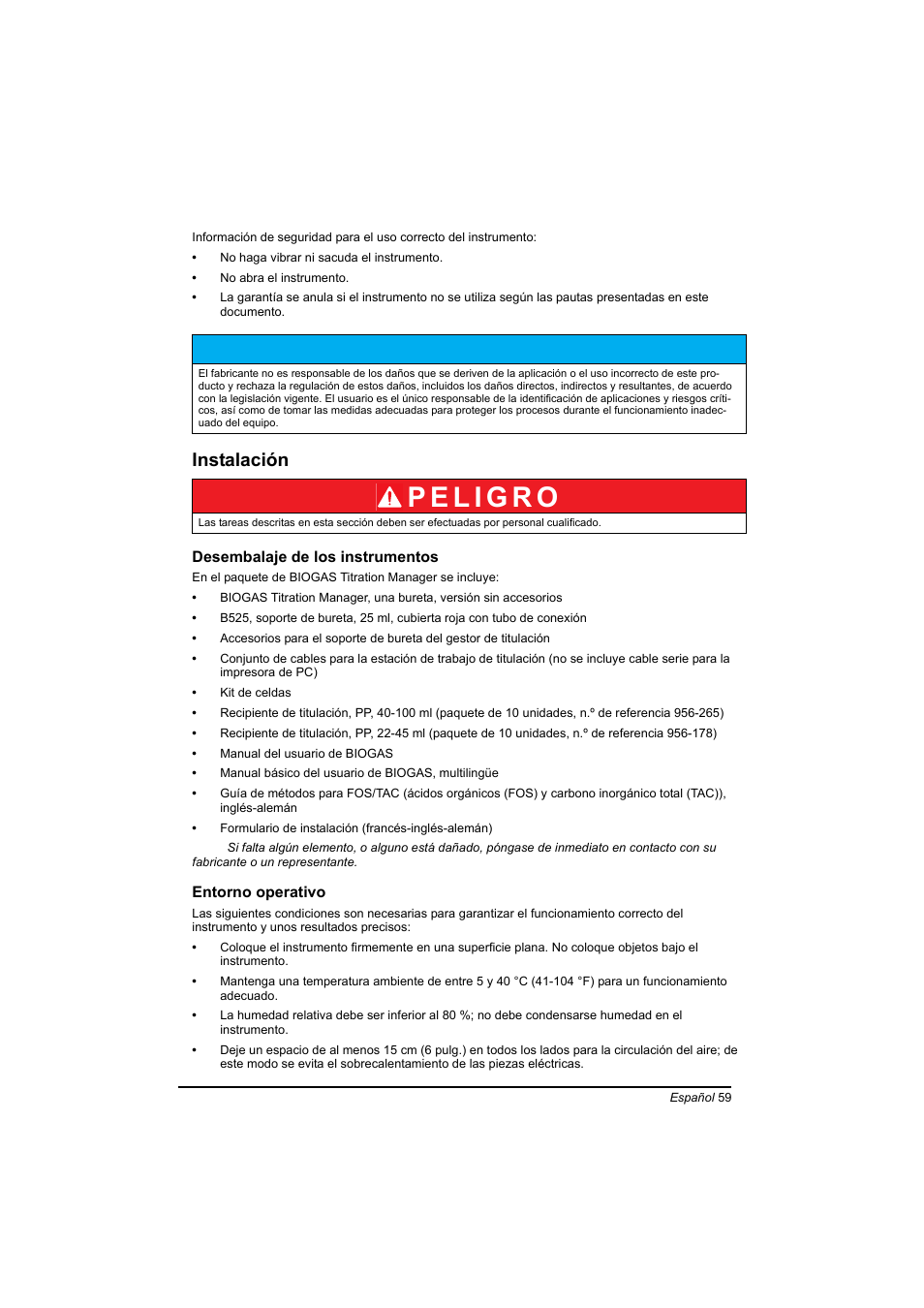 Instalación | Hach-Lange BIOGAS Basic User Manual User Manual | Page 59 / 217