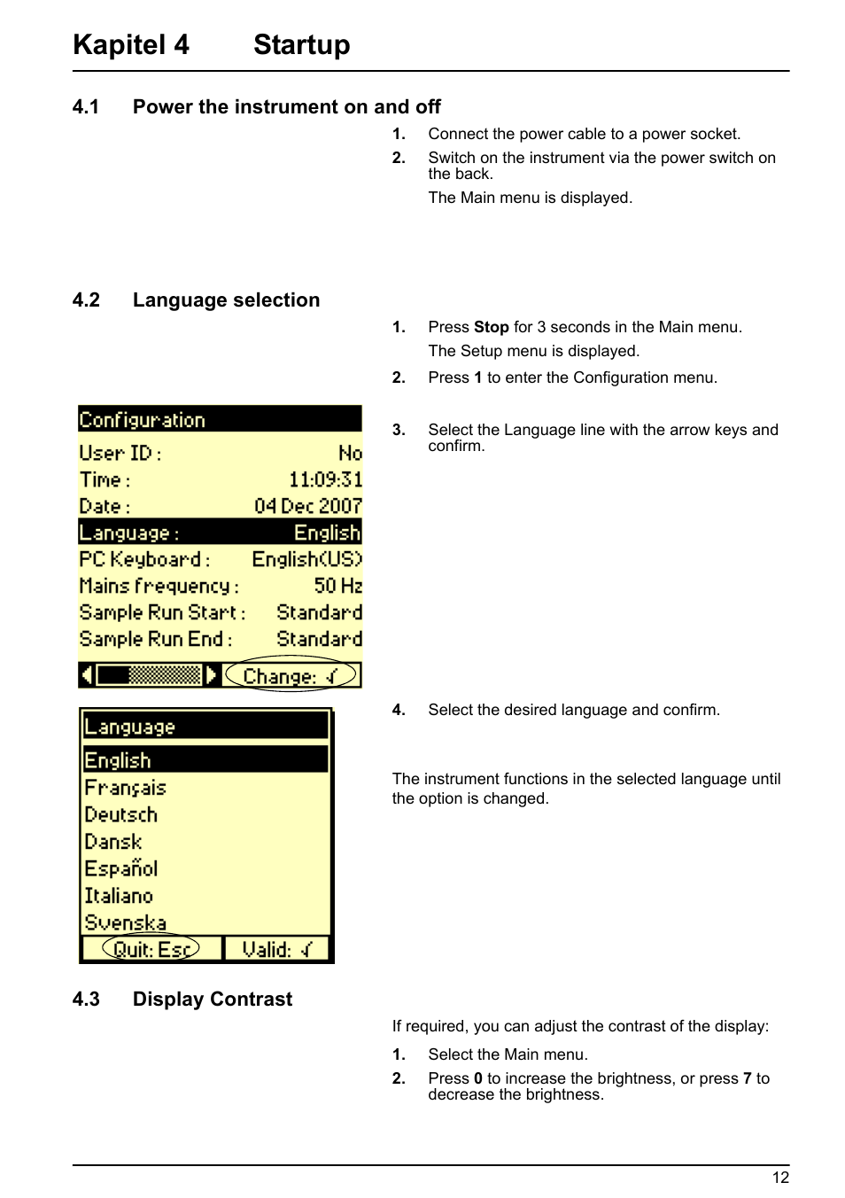 Kapitel 4 startup, 1 power the instrument on and off, 2 language selection | 3 display contrast | Hach-Lange BIOGAS User Manual User Manual | Page 12 / 55