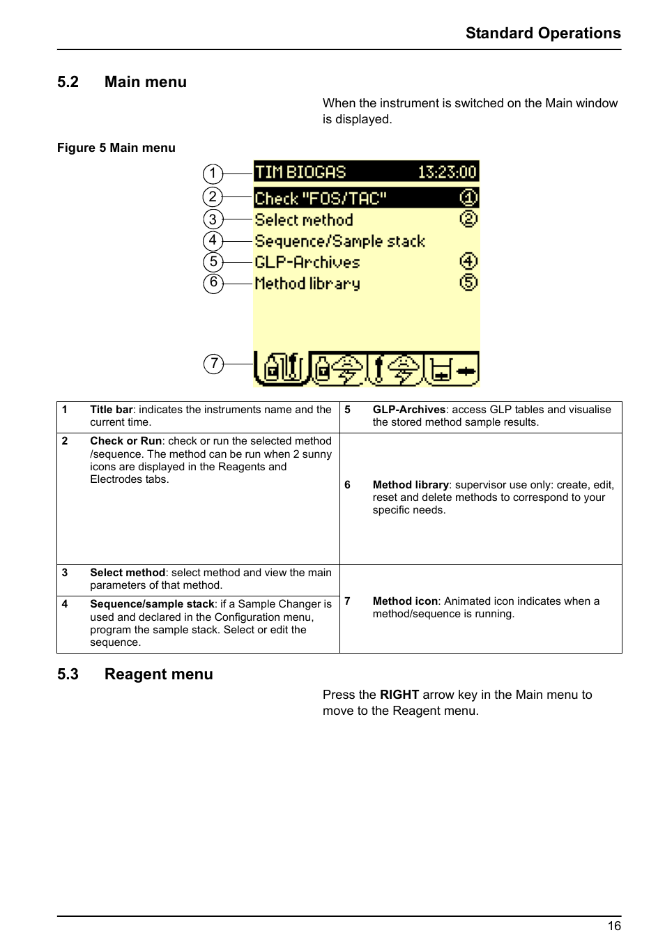 2 main menu, 3 reagent menu, 2 main menu 5.3 reagent menu | Standard operations 5.2 main menu | Hach-Lange BIOGAS User Manual User Manual | Page 16 / 55