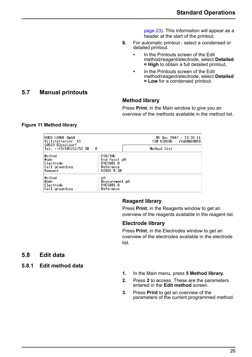 7 manual printouts, 8 edit data, 1 edit method data | 7 manual printouts 5.8 edit data | Hach-Lange BIOGAS User Manual User Manual | Page 26 / 55