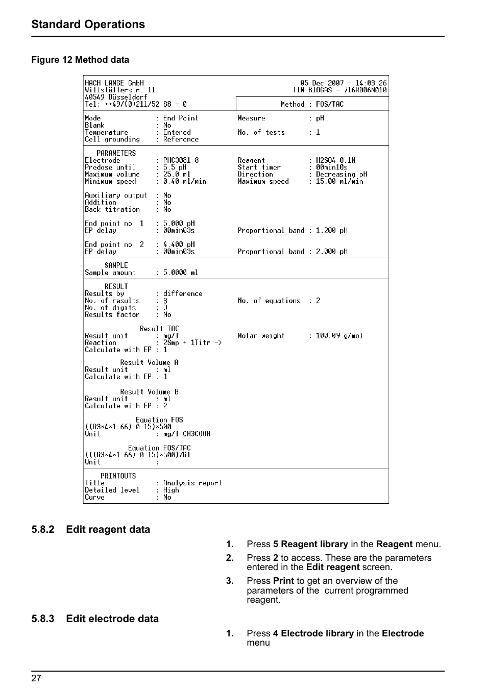 2 edit reagent data, 3 edit electrode data, 2 edit reagent data 5.8.3 edit electrode data | Standard operations | Hach-Lange BIOGAS User Manual User Manual | Page 27 / 55